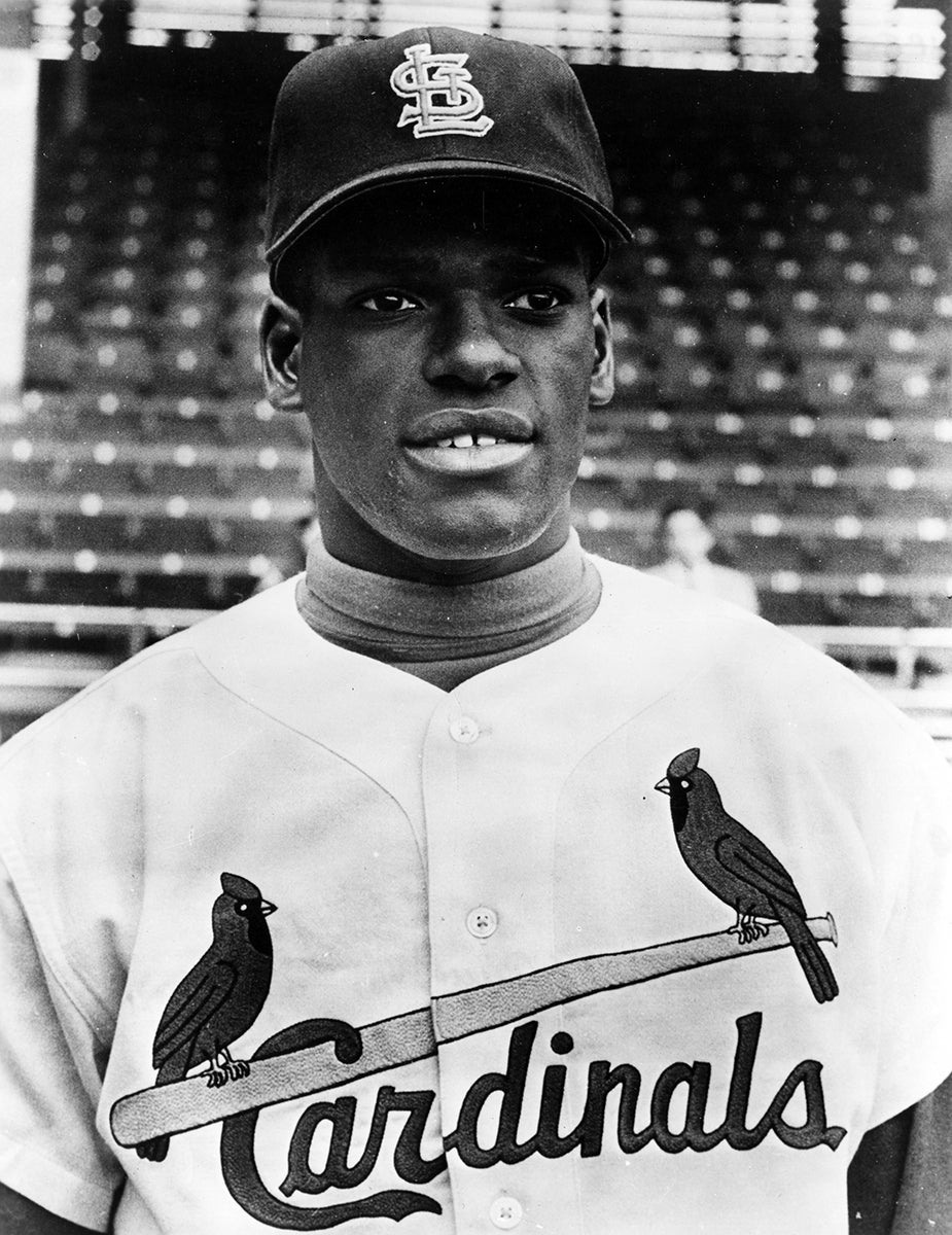 Head and shoulders portrait of Bob Gibson in Cardinals uniform